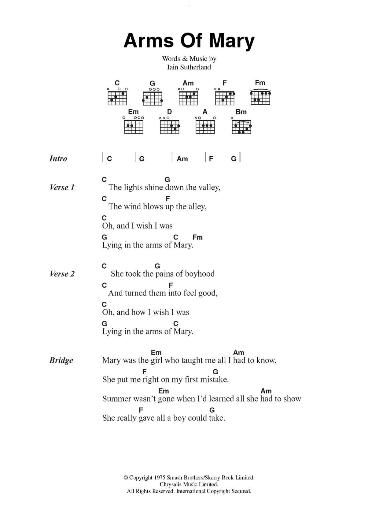 Download Sutherland Brothers Arms Of Mary Sheet Music and learn how to play Guitar Chords/Lyrics PDF digital score in minutes