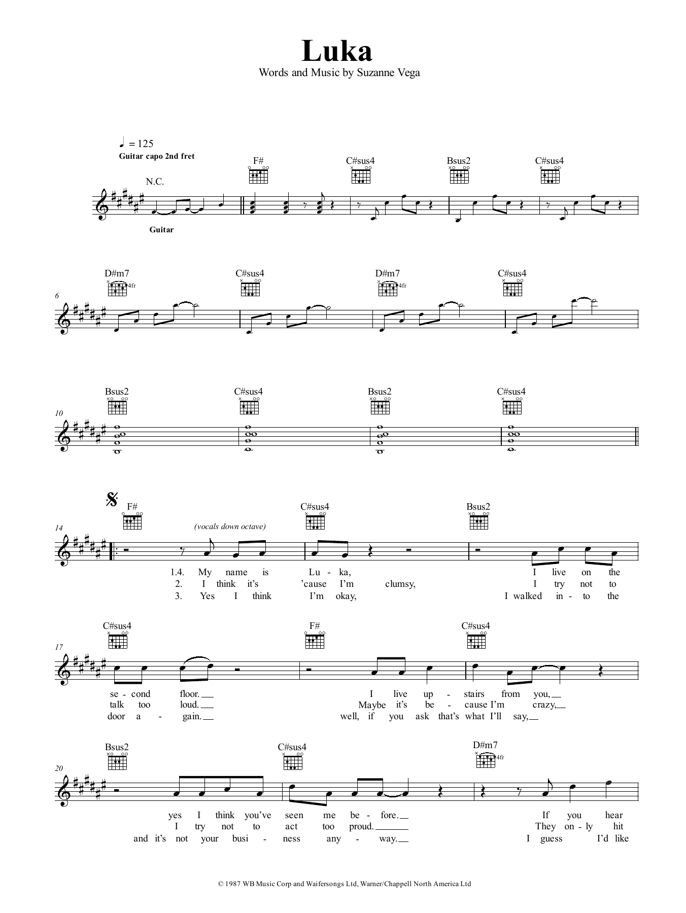 Download Suzanne Vega Luka Sheet Music and learn how to play Lyrics & Chords PDF digital score in minutes