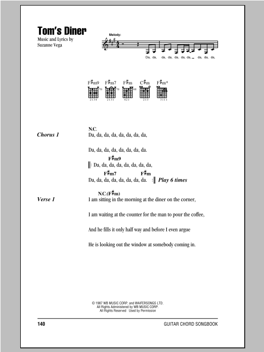 Download Suzanne Vega Tom's Diner Sheet Music and learn how to play Lyrics & Chords PDF digital score in minutes