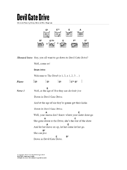 Download Suzi Quatro Devil Gate Drive Sheet Music and learn how to play Lyrics & Chords PDF digital score in minutes