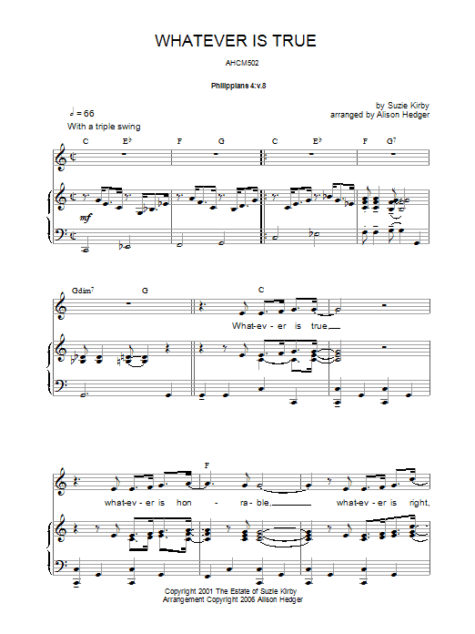 Download Suzie Kirby Whatever Is True Sheet Music and learn how to play Piano, Vocal & Guitar PDF digital score in minutes
