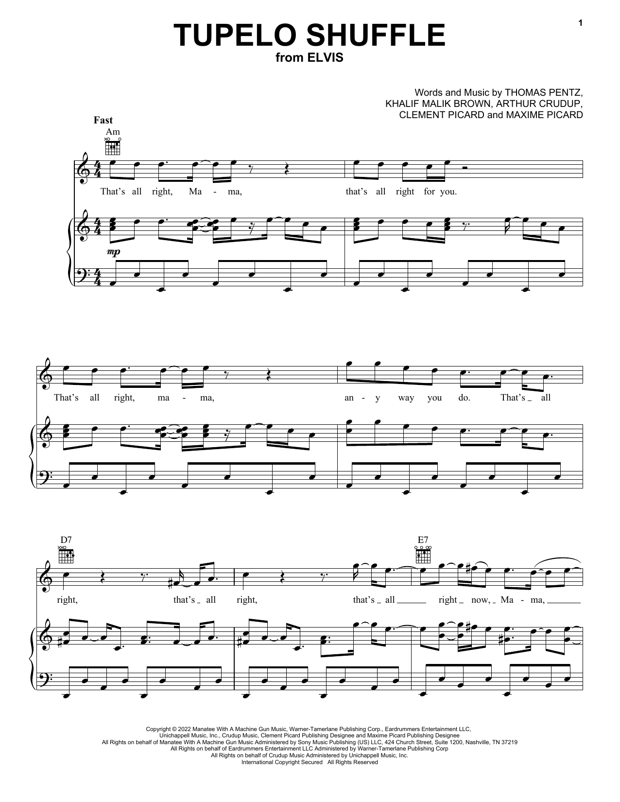 Download Swae Lee & Diplo Tupelo Shuffle (from ELVIS) Sheet Music and learn how to play Piano, Vocal & Guitar Chords (Right-Hand Melody) PDF digital score in minutes