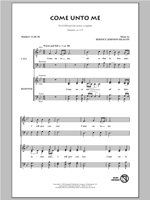 Download Sweet Honey In The Rock Come Unto Me Sheet Music and learn how to play Choral PDF digital score in minutes