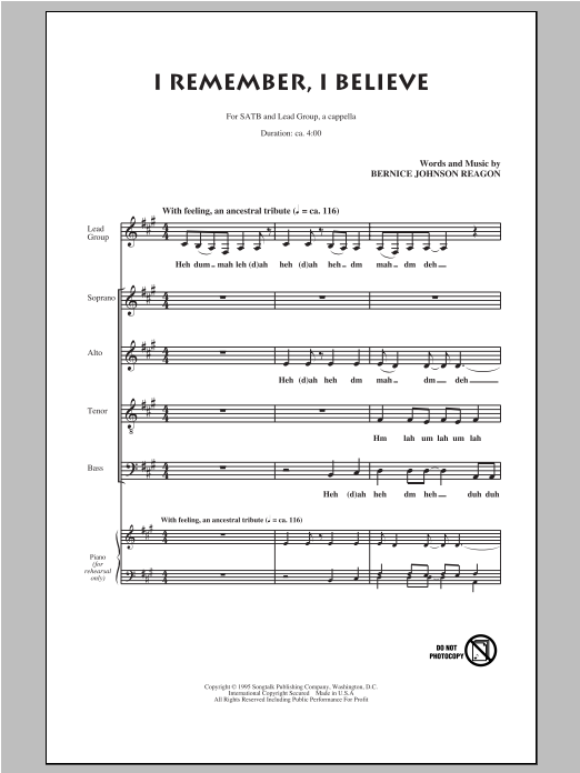 Download Sweet Honey In The Rock I Remember, I Believe Sheet Music and learn how to play SATB PDF digital score in minutes