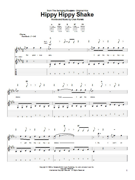Download The Swinging Blue Jeans Hippy Hippy Shake Sheet Music and learn how to play Guitar Tab PDF digital score in minutes