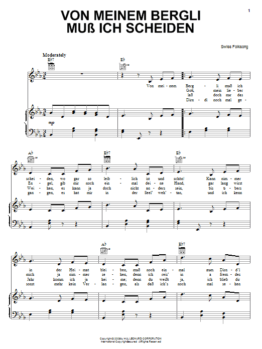 Download Swiss Folksong Von Meinem Bergli Muss Ich Scheiden Sheet Music and learn how to play Piano, Vocal & Guitar (Right-Hand Melody) PDF digital score in minutes