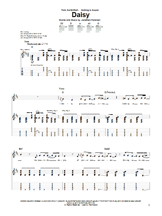 Download Switchfoot Daisy Sheet Music and learn how to play Piano, Vocal & Guitar (Right-Hand Melody) PDF digital score in minutes