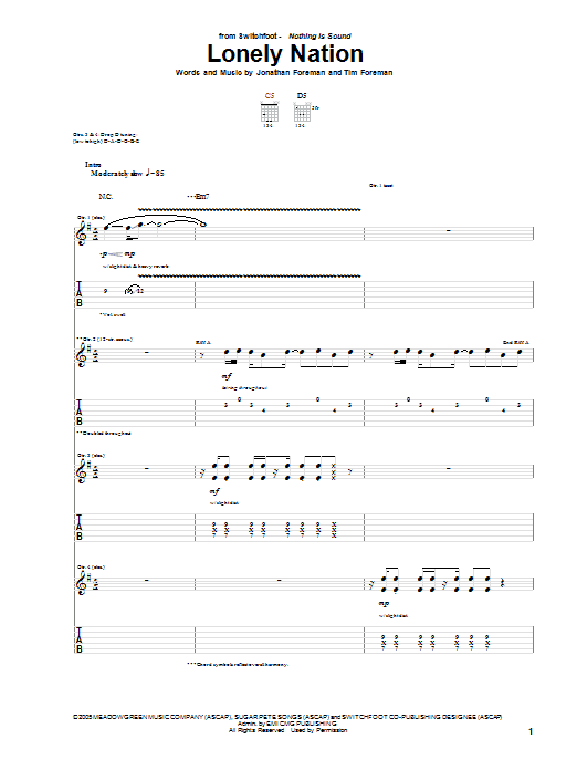 Download Switchfoot Lonely Nation Sheet Music and learn how to play Piano, Vocal & Guitar (Right-Hand Melody) PDF digital score in minutes