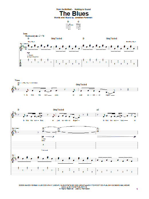 Download Switchfoot The Blues Sheet Music and learn how to play Piano, Vocal & Guitar (Right-Hand Melody) PDF digital score in minutes