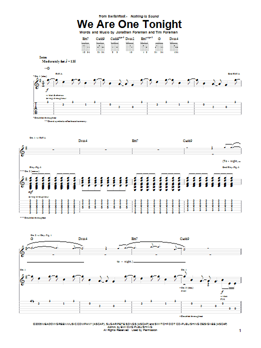 Download Switchfoot We Are One Tonight Sheet Music and learn how to play Guitar Tab Play-Along PDF digital score in minutes