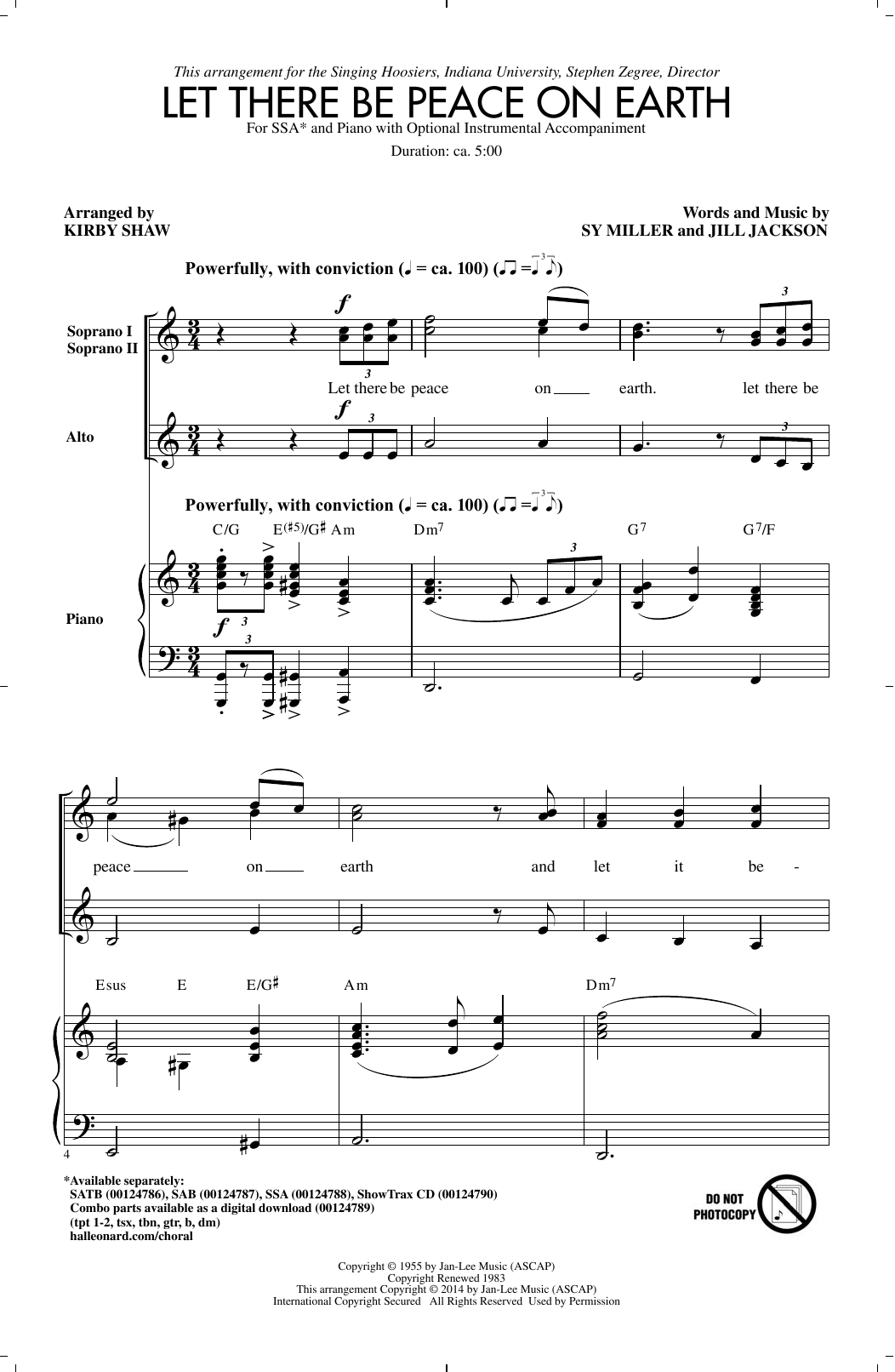 Download Sy Miller and Jill Jackson Let There Be Peace On Earth (arr. Kirby Shaw) Sheet Music and learn how to play SSA Choir PDF digital score in minutes