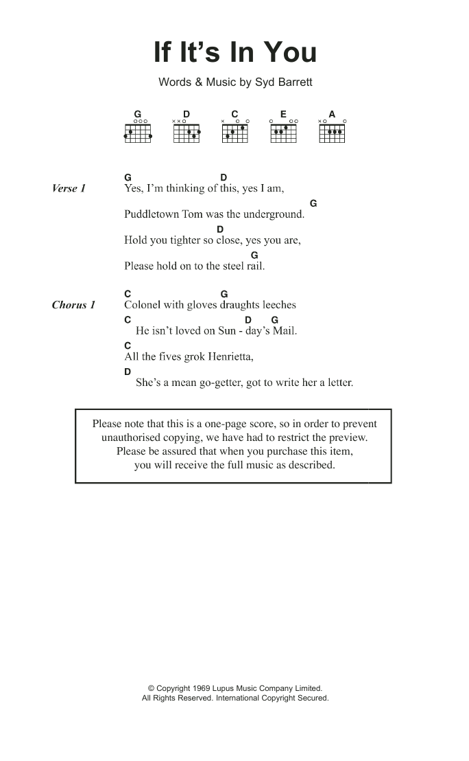 Download Syd Barrett If It's In You Sheet Music and learn how to play Lyrics & Chords PDF digital score in minutes
