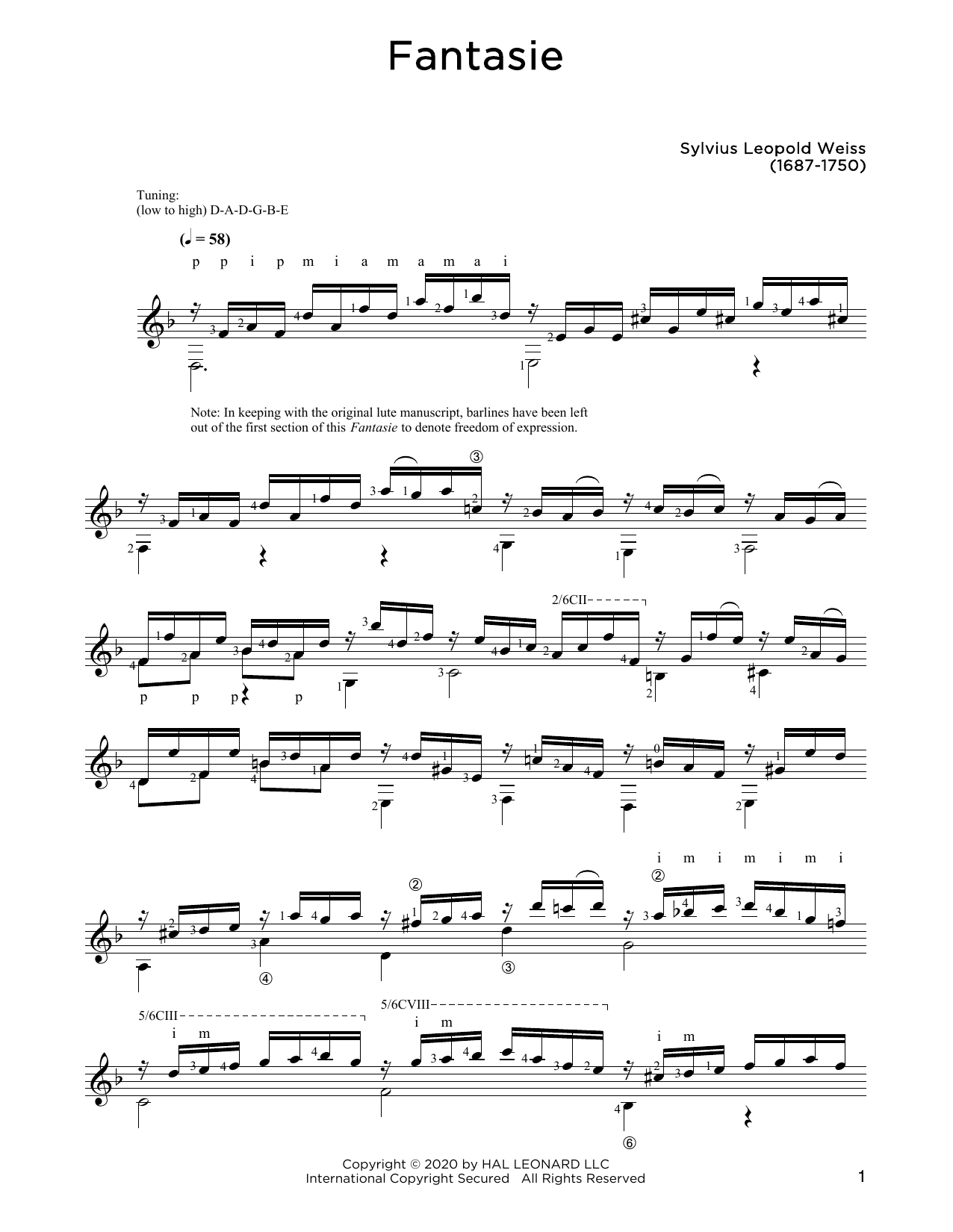 Download Sylvius Leopold Weiss Fantasie Sheet Music and learn how to play Solo Guitar PDF digital score in minutes