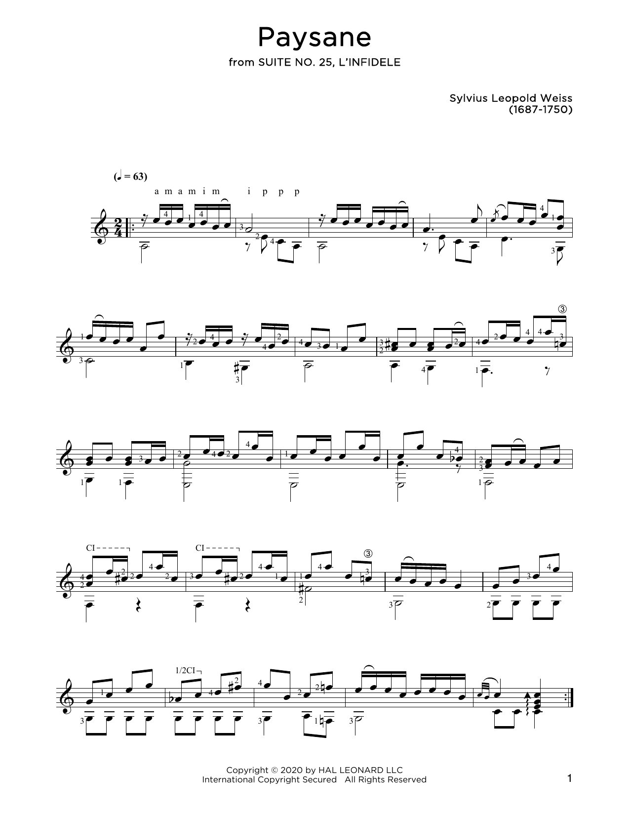 Download Sylvius Leopold Weiss Paysane Sheet Music and learn how to play Solo Guitar PDF digital score in minutes