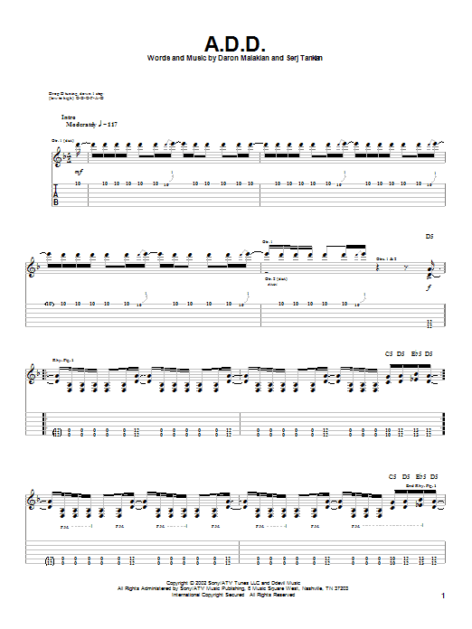 Download System Of A Down A.D.D. Sheet Music and learn how to play Guitar Tab PDF digital score in minutes