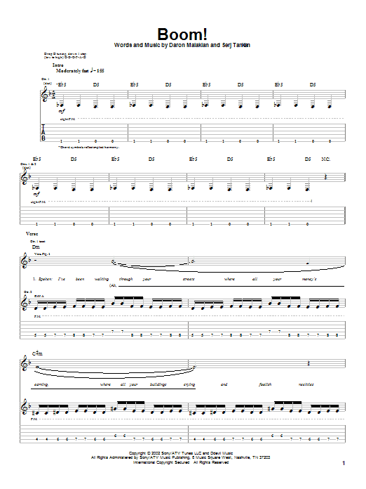 Download System Of A Down Boom! Sheet Music and learn how to play Guitar Tab PDF digital score in minutes