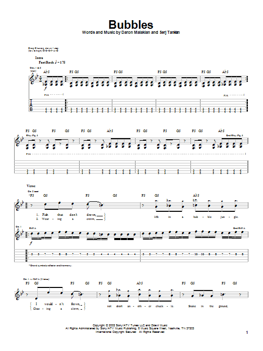 Download System Of A Down Bubbles Sheet Music and learn how to play Guitar Tab PDF digital score in minutes