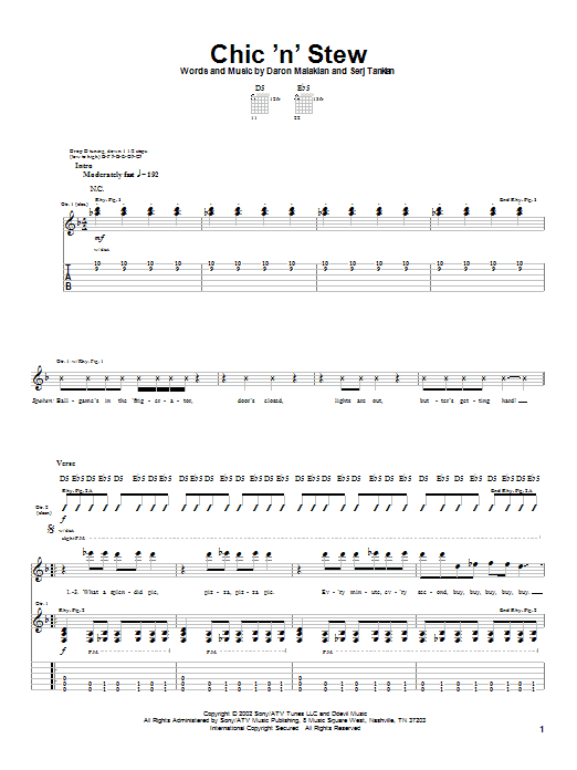 Download System Of A Down Chic 'N' Stew Sheet Music and learn how to play Guitar Tab PDF digital score in minutes