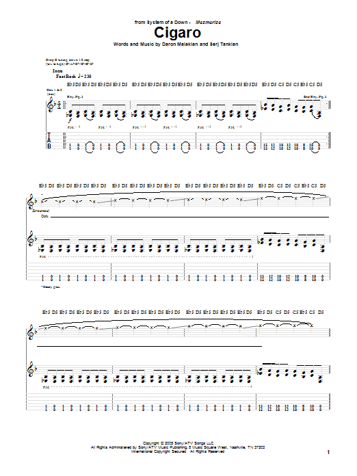 Download System Of A Down Cigaro Sheet Music and learn how to play Guitar Tab PDF digital score in minutes