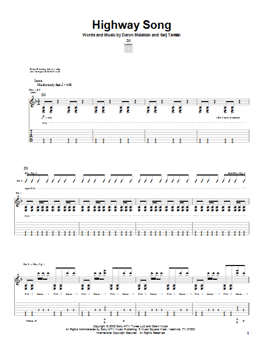 Download System Of A Down Highway Song Sheet Music and learn how to play Guitar Tab PDF digital score in minutes