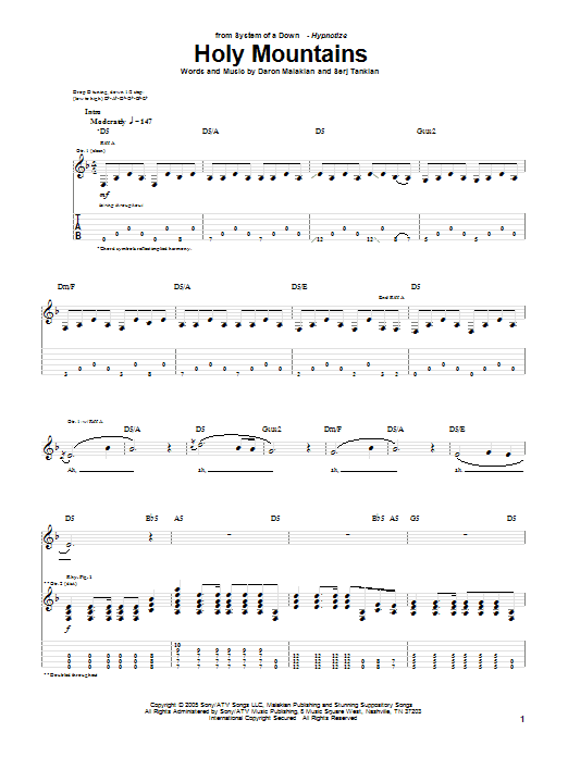 Download System Of A Down Holy Mountains Sheet Music and learn how to play Guitar Tab PDF digital score in minutes