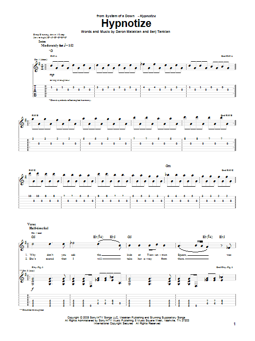 Download System Of A Down Hypnotize Sheet Music and learn how to play Guitar Tab PDF digital score in minutes
