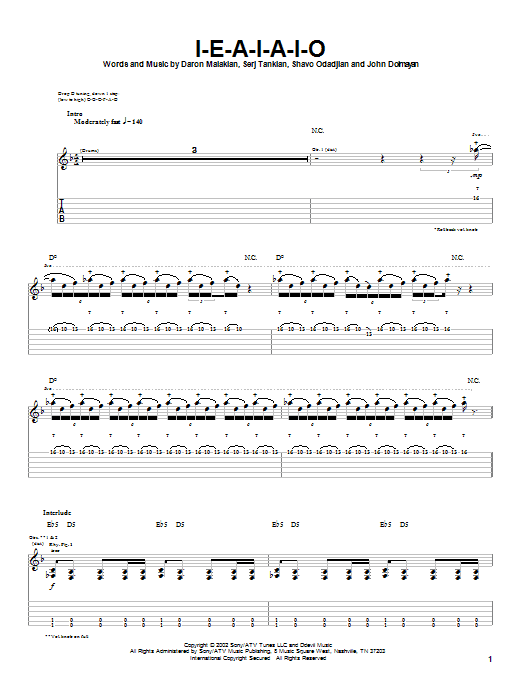 Download System Of A Down I-E-A-I-A-I-O Sheet Music and learn how to play Guitar Tab PDF digital score in minutes
