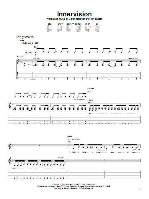 Download System Of A Down Innervision Sheet Music and learn how to play Guitar Tab PDF digital score in minutes