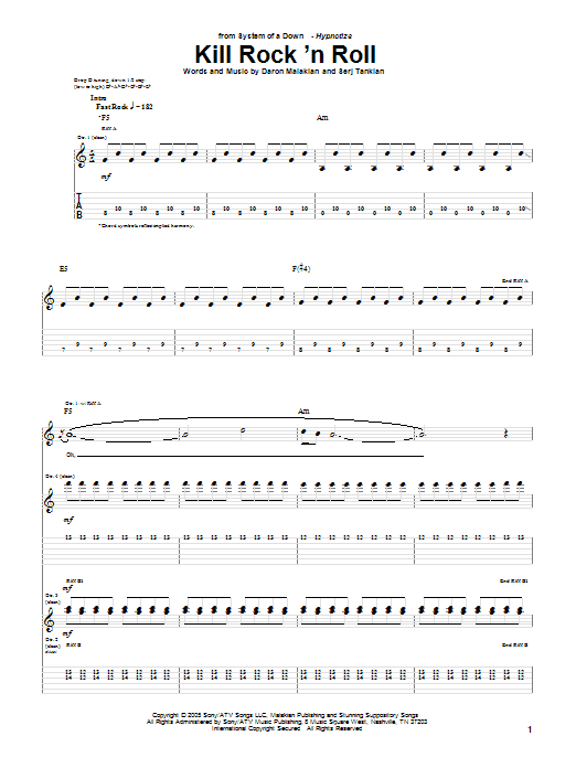 Download System Of A Down Kill Rock 'N Roll Sheet Music and learn how to play Guitar Tab PDF digital score in minutes