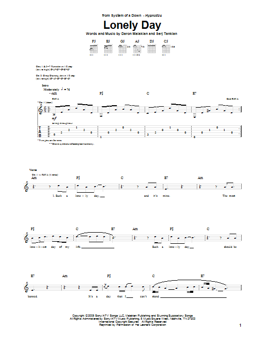 Download System Of A Down Lonely Day Sheet Music and learn how to play Guitar Tab PDF digital score in minutes