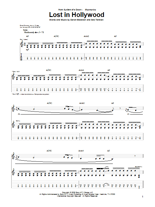 Download System Of A Down Lost In Hollywood Sheet Music and learn how to play Guitar Tab PDF digital score in minutes