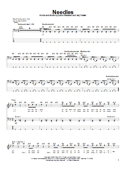 Download System Of A Down Needles Sheet Music and learn how to play Bass Guitar Tab PDF digital score in minutes