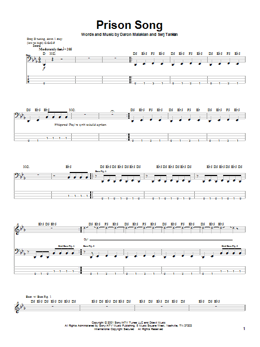Download System Of A Down Prison Song Sheet Music and learn how to play Bass Guitar Tab PDF digital score in minutes