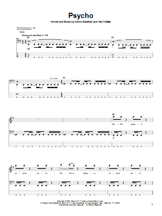 Download System Of A Down Psycho Sheet Music and learn how to play Bass Guitar Tab PDF digital score in minutes