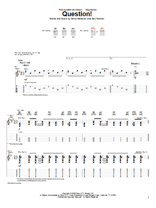 Download System Of A Down Question! Sheet Music and learn how to play Guitar Tab PDF digital score in minutes