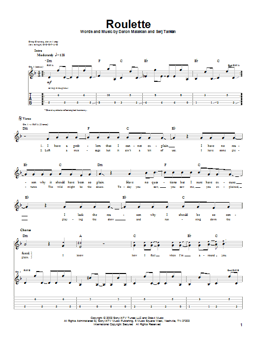 Download System Of A Down Roulette Sheet Music and learn how to play Guitar Tab PDF digital score in minutes