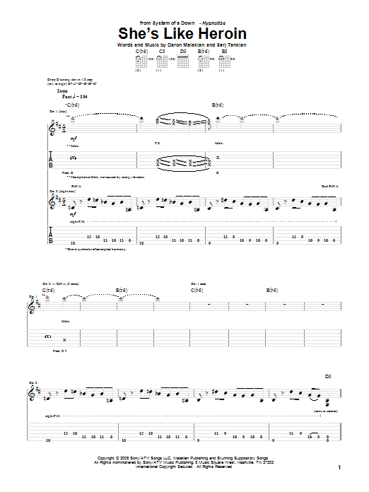Download System Of A Down She's Like Heroin Sheet Music and learn how to play Guitar Tab PDF digital score in minutes