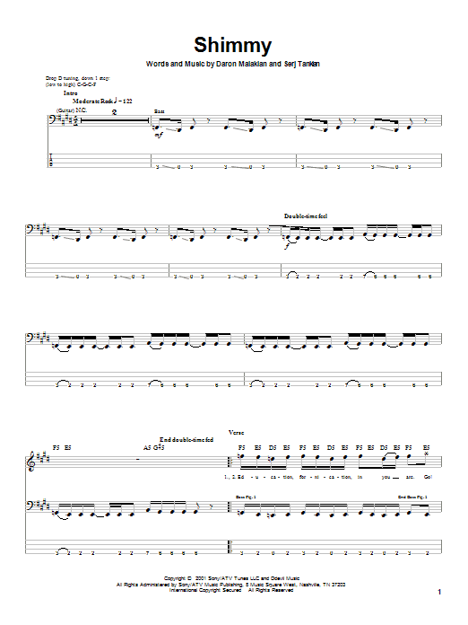 Download System Of A Down Shimmy Sheet Music and learn how to play Drums Transcription PDF digital score in minutes