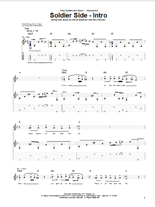 Download System Of A Down Soldier Side (Intro) Sheet Music and learn how to play Guitar Tab PDF digital score in minutes