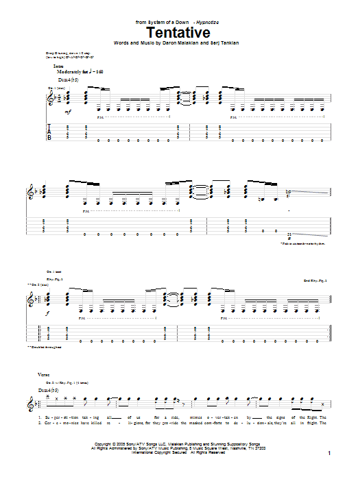 Download System Of A Down Tentative Sheet Music and learn how to play Guitar Tab PDF digital score in minutes