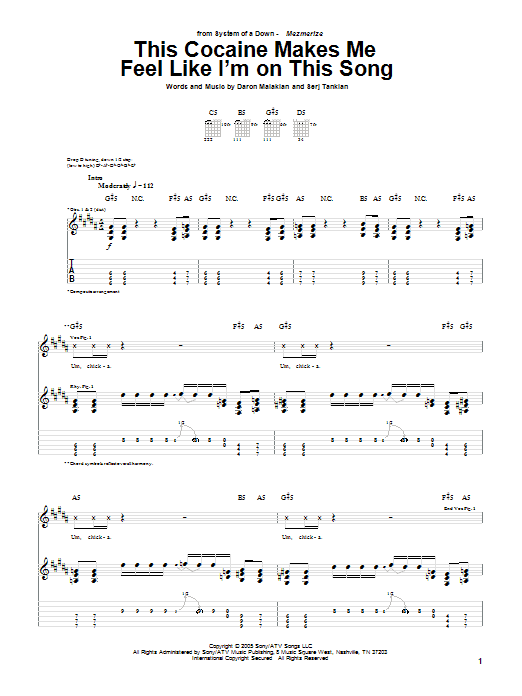 Download System Of A Down This Cocaine Makes Me Feel Like I'm On This Song Sheet Music and learn how to play Guitar Tab PDF digital score in minutes