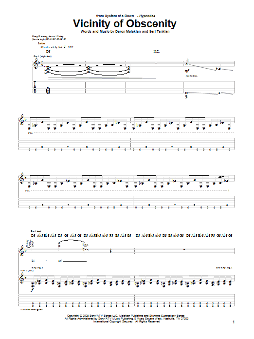 Download System Of A Down Vicinity Of Obscenity Sheet Music and learn how to play Guitar Tab PDF digital score in minutes