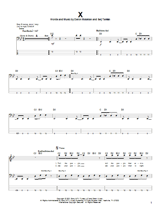 Download System Of A Down X Sheet Music and learn how to play Bass Guitar Tab PDF digital score in minutes