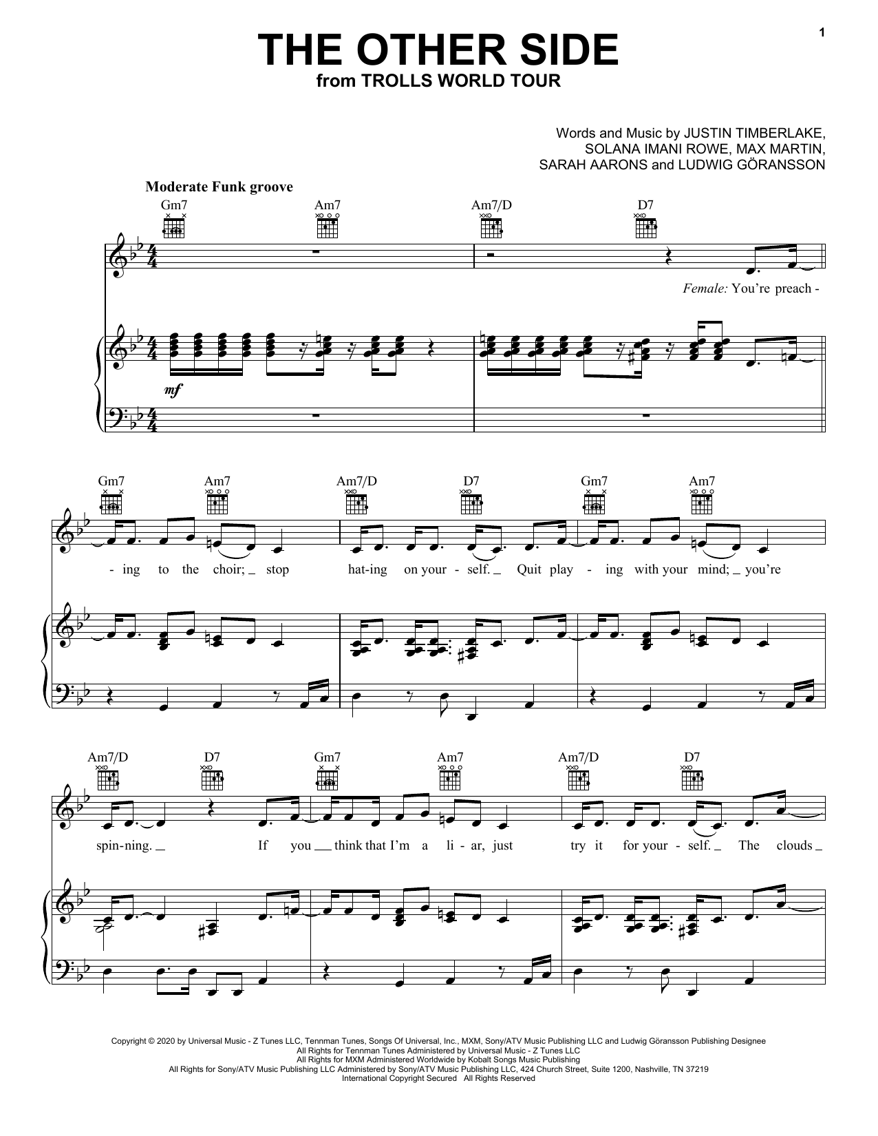 Download SZA & Justin Timberlake The Other Side (from Trolls World Tour) Sheet Music and learn how to play Piano, Vocal & Guitar Chords (Right-Hand Melody) PDF digital score in minutes