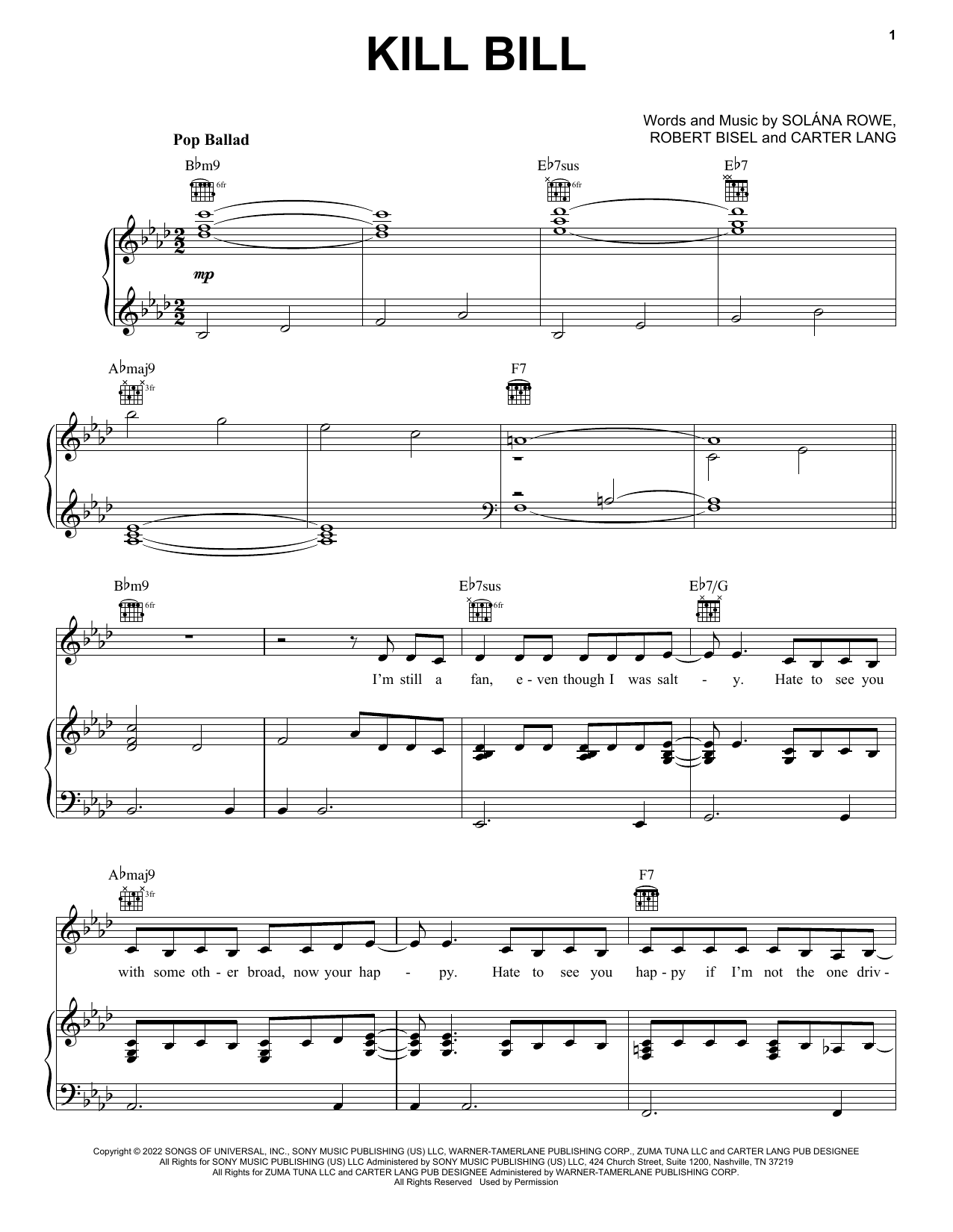 Download SZA Kill Bill Sheet Music and learn how to play Piano, Vocal & Guitar Chords (Right-Hand Melody) PDF digital score in minutes