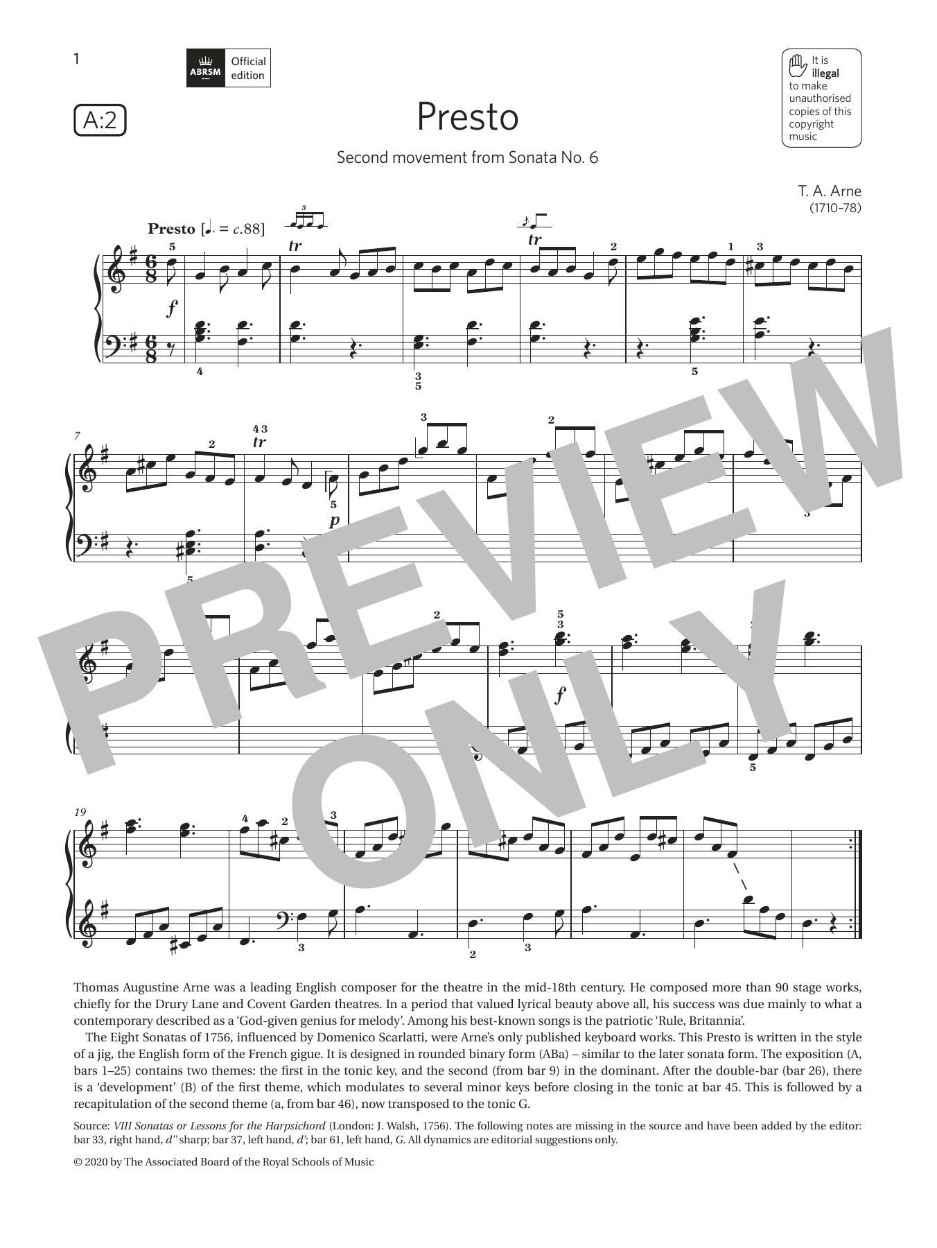 Download T. A. Arne Presto (Grade 5, list A2, from the ABRSM Piano Syllabus 2021 & 2022) Sheet Music and learn how to play Piano Solo PDF digital score in minutes