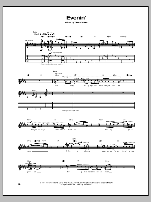 Download T-Bone Walker Evenin' Sheet Music and learn how to play Guitar Tab PDF digital score in minutes