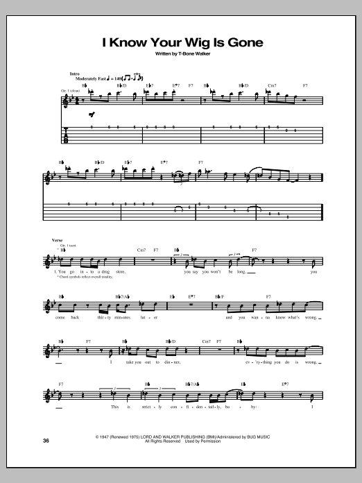 Download T-Bone Walker I Know Your Wig Is Gone Sheet Music and learn how to play Guitar Tab PDF digital score in minutes