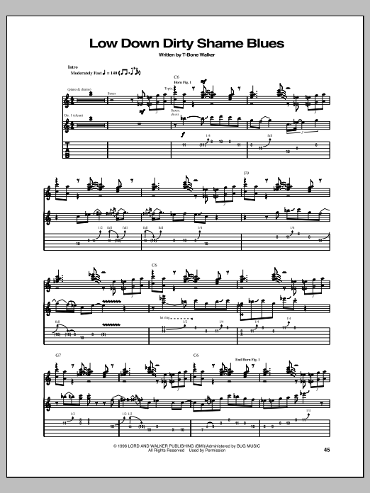 Download T-Bone Walker Low Down Dirty Shame Blues Sheet Music and learn how to play Guitar Tab PDF digital score in minutes