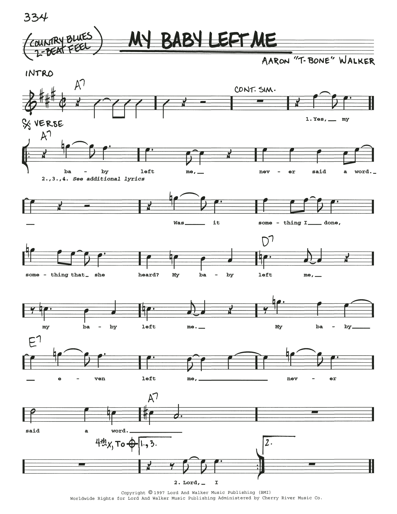 Download T-Bone Walker My Baby Left Me Sheet Music and learn how to play Real Book – Melody, Lyrics & Chords PDF digital score in minutes